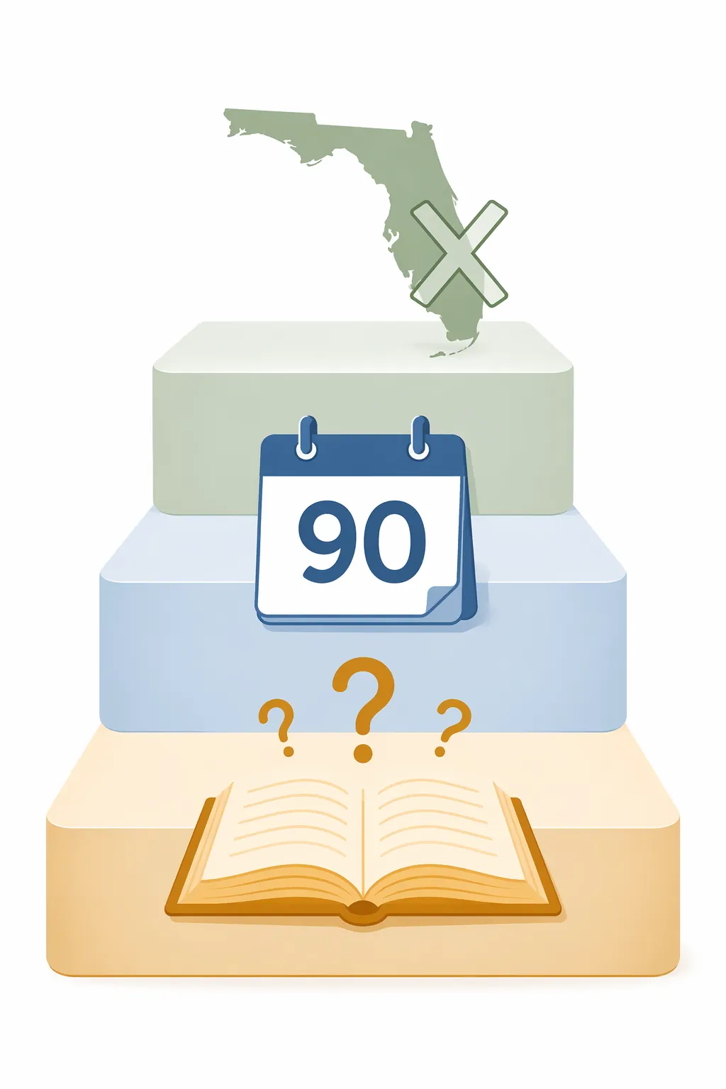 Florida regulatory transition shown as a state outline, a 90-day calendar, and an open law book with question marks