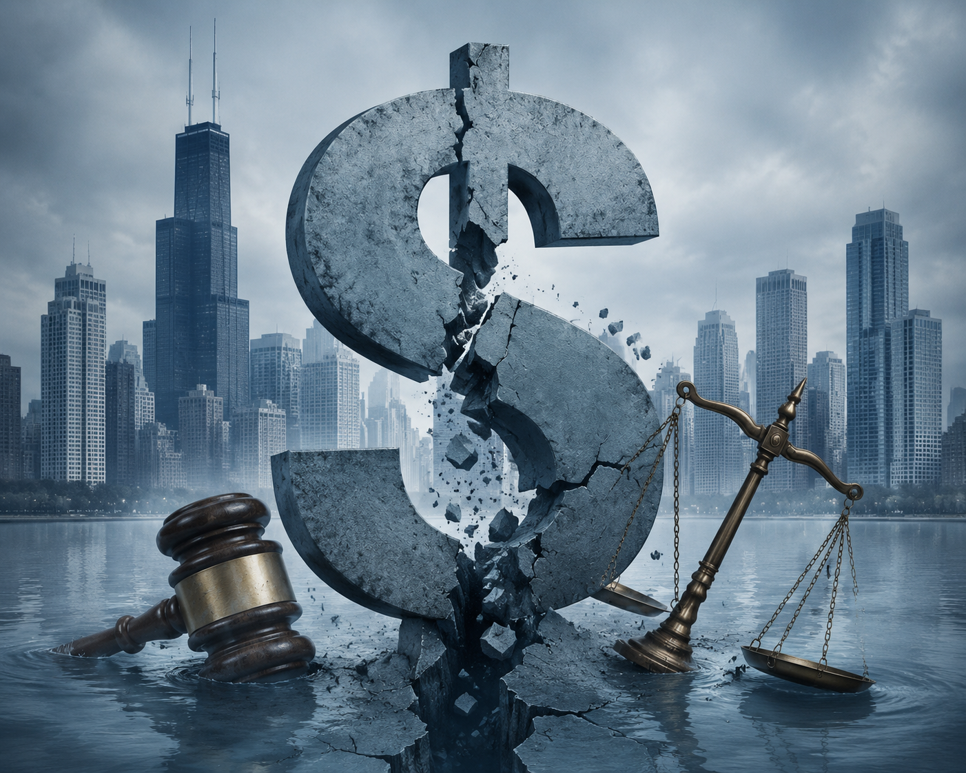 Chicago skyline with a fractured dollar sign, gavel, and scales of justice representing fiscal pressure on legal capacity