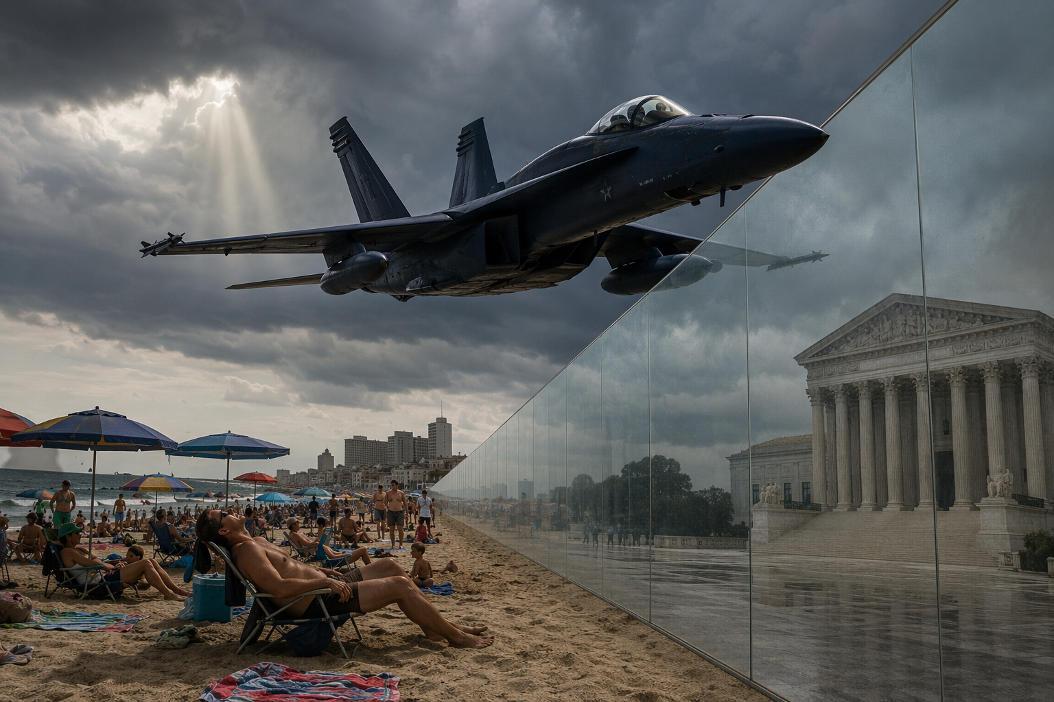 Low military jet over a crowded beach separated from a courthouse by a transparent barrier