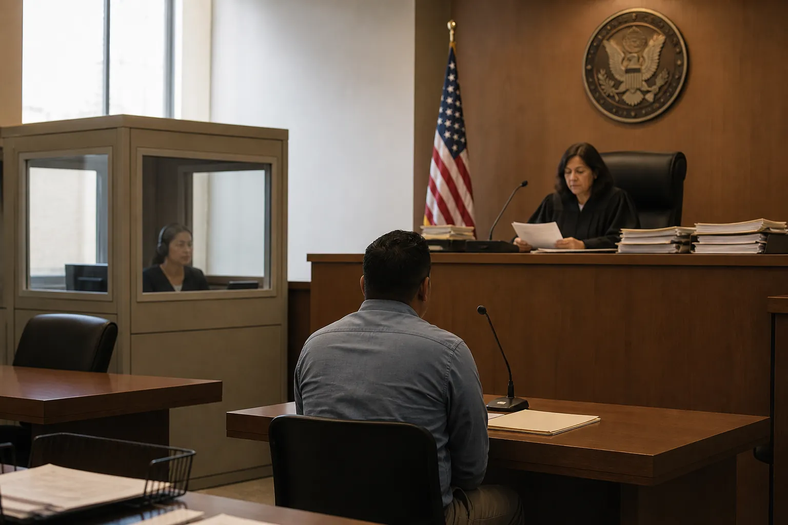 Illustration of an immigration court hearing with a judge, case files, interpreter booth, and respondent