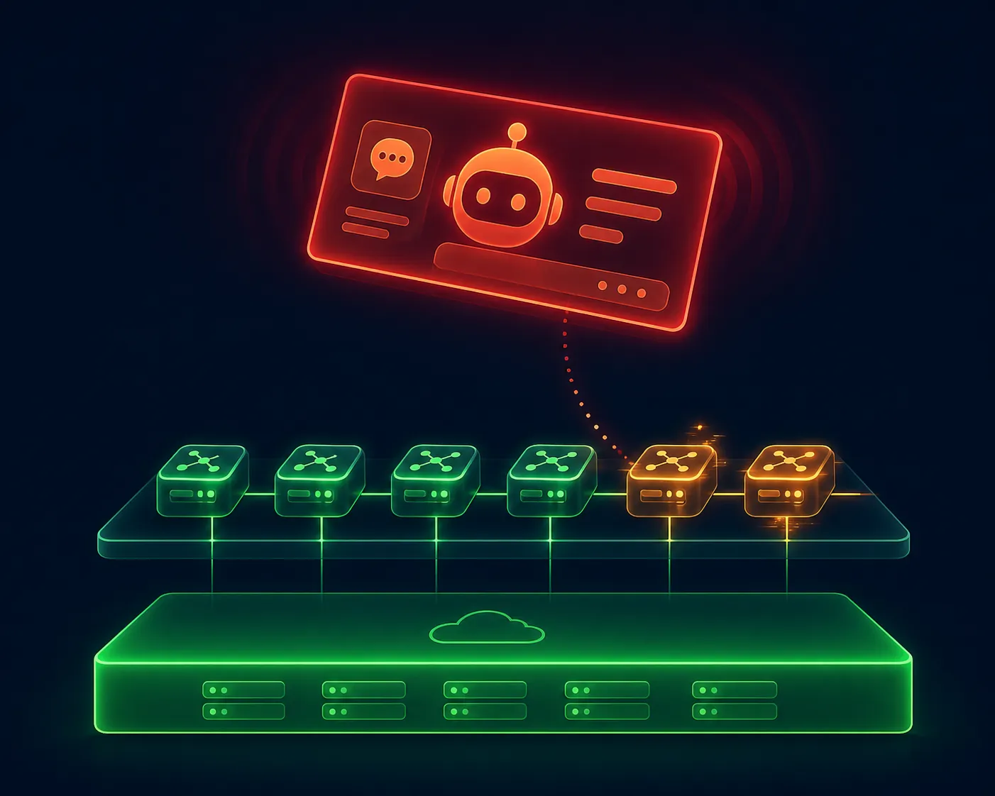 Layered AI infrastructure stack with a degraded assistant panel above a recovered platform layer