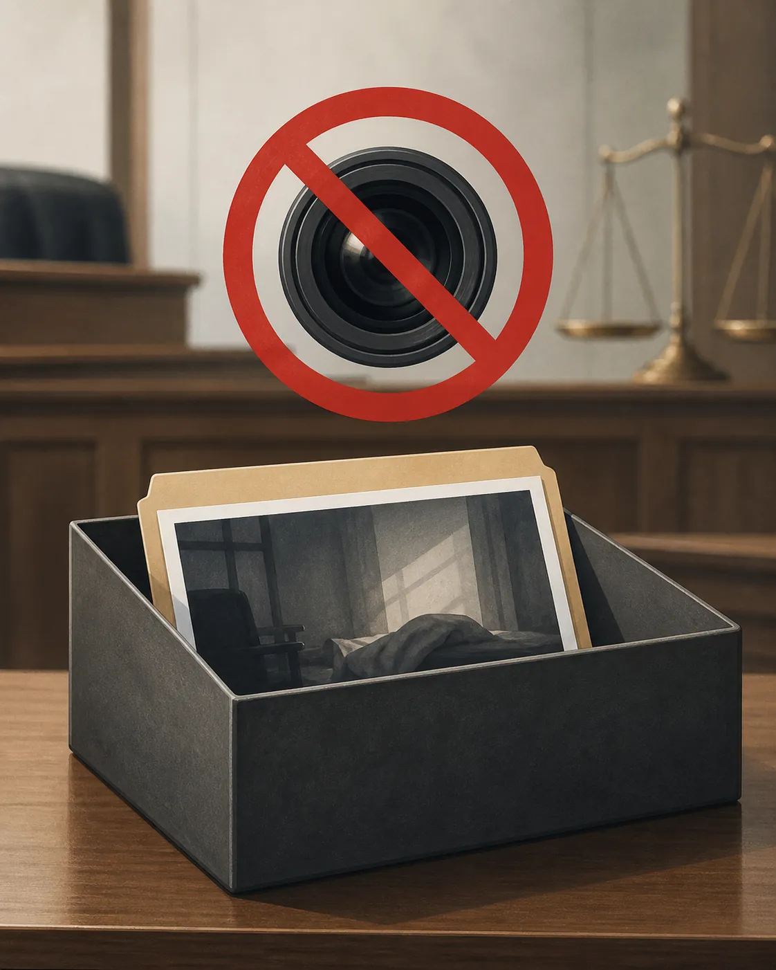 Courtroom evidence exhibit box with crossed-out camera symbol for restricted recording and distribution