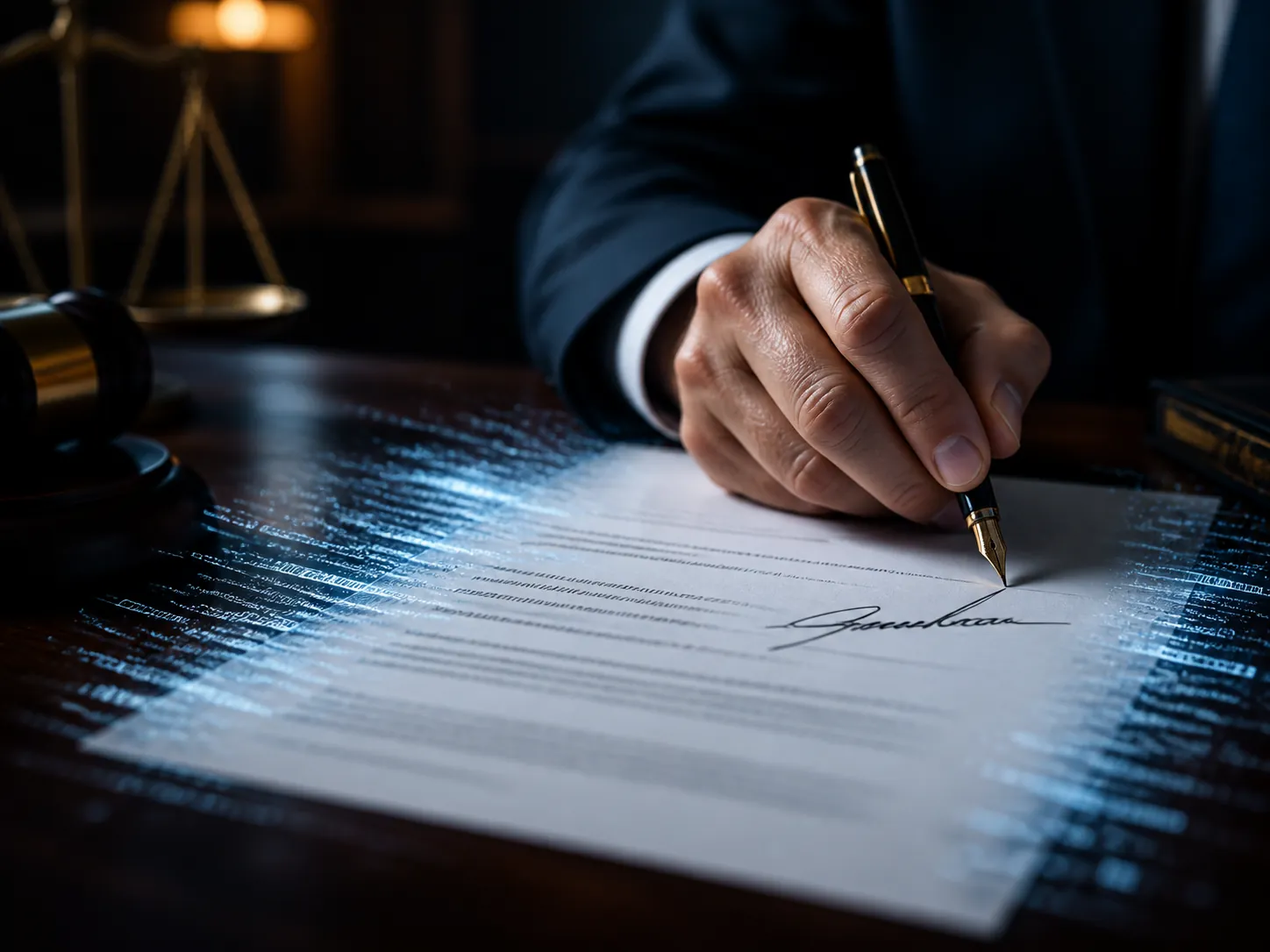 Hand signing a legal document while citation lines blur into glowing fragments