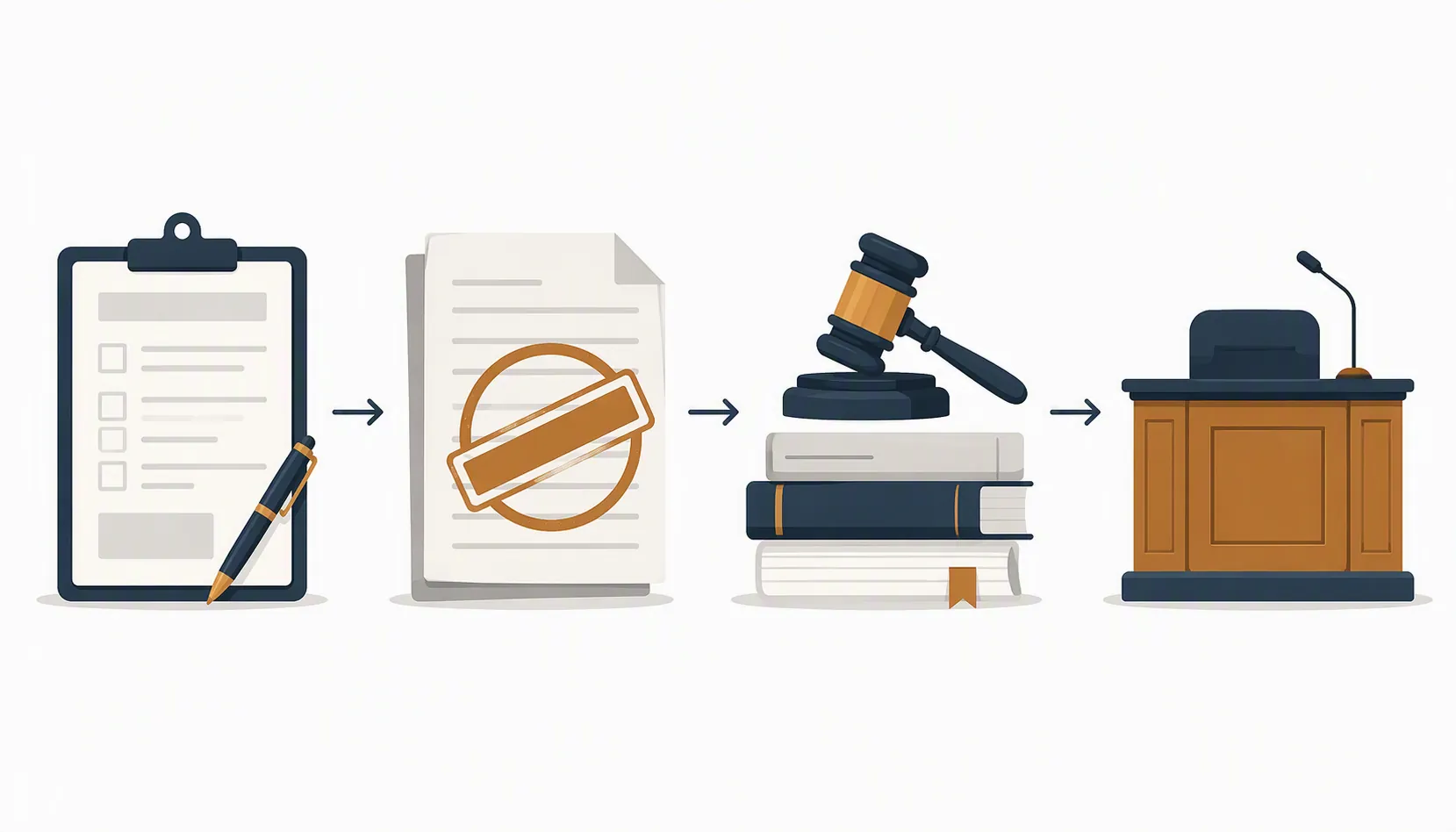 Four-step graphic showing a records request, denial stamp, judge's gavel, and empty witness stand