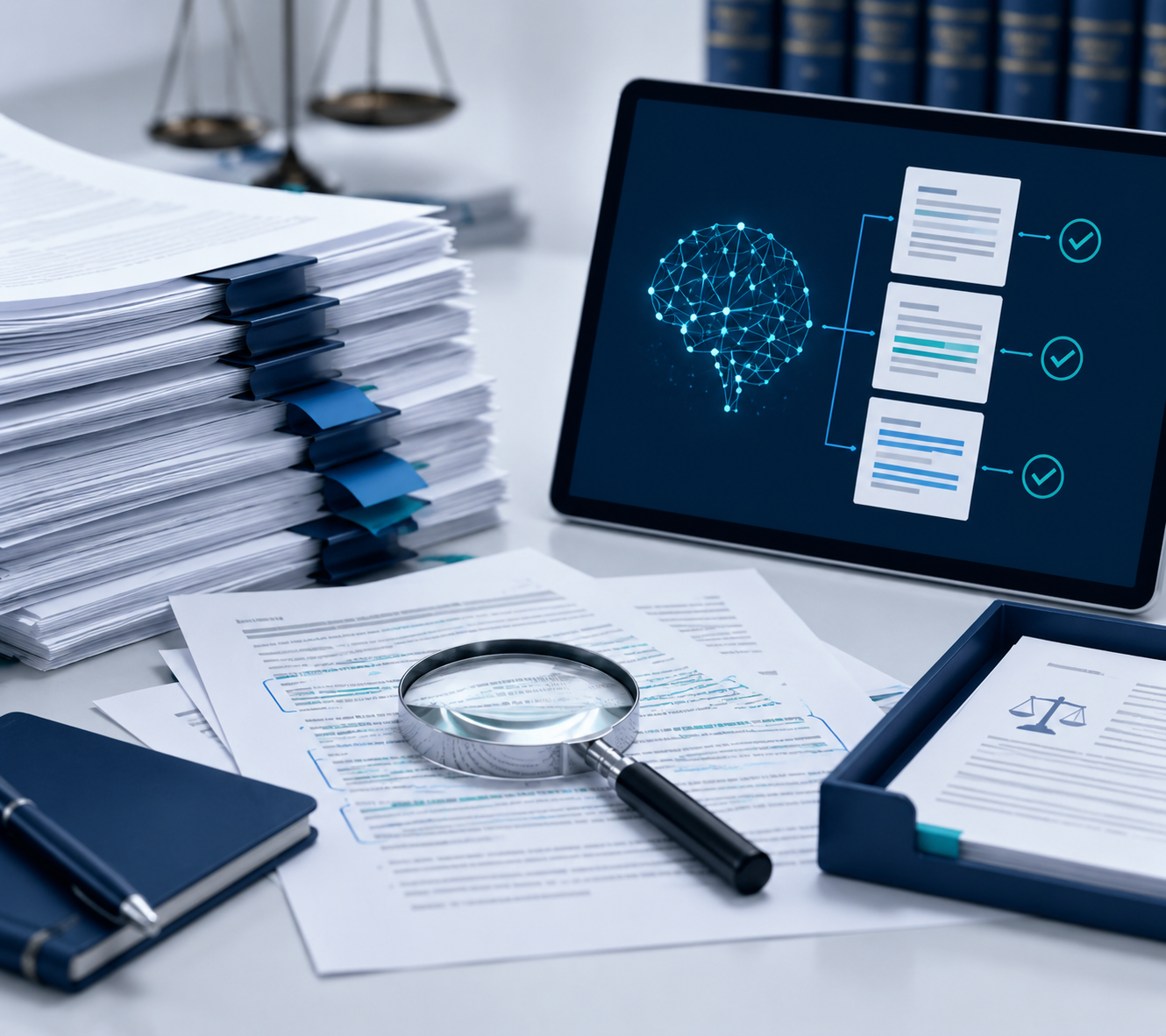Legal documents being compared with verification markings and review annotations