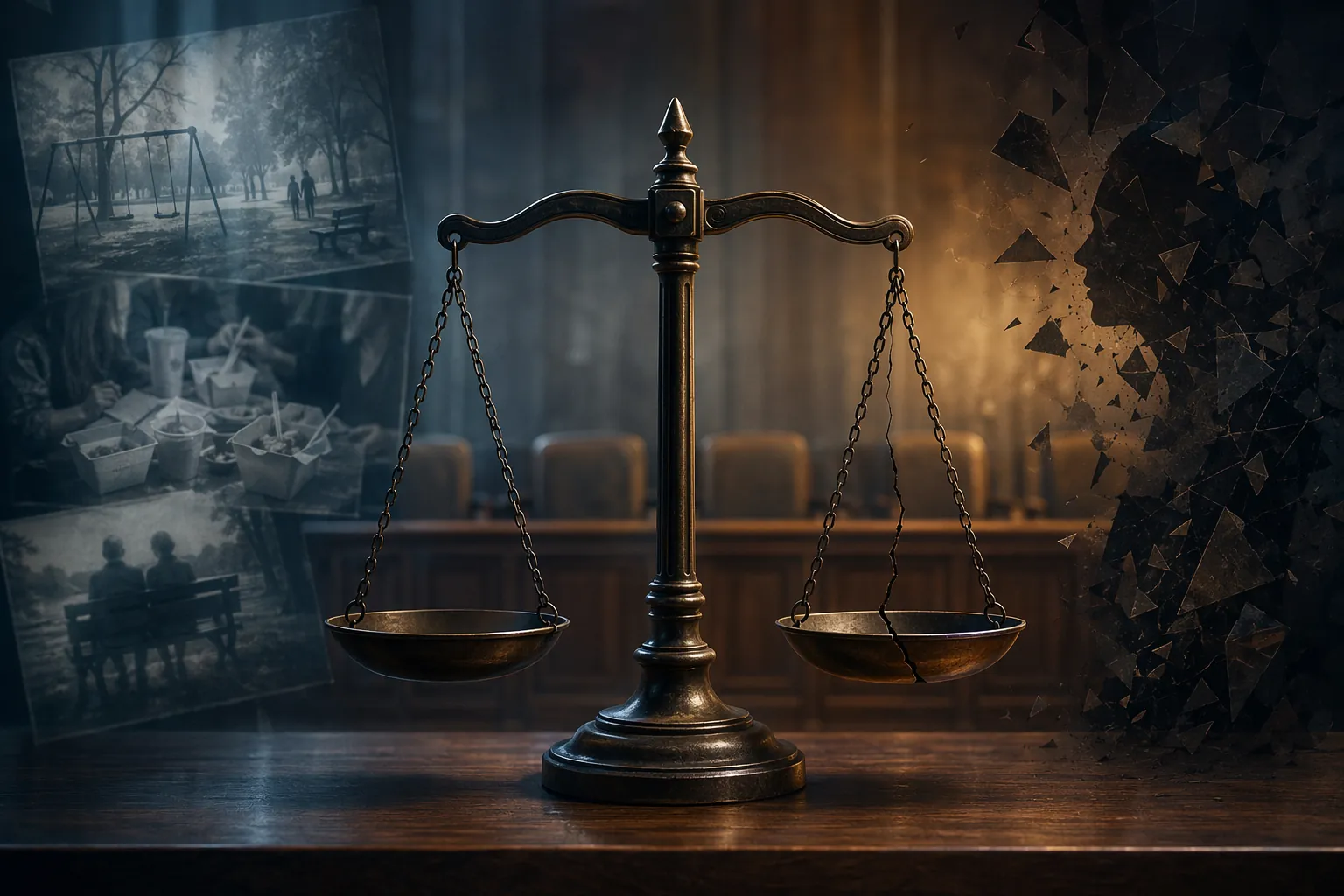 Conceptual courtroom scene with cracked justice scales, family silhouettes, and fragmented shapes suggesting psychological distress