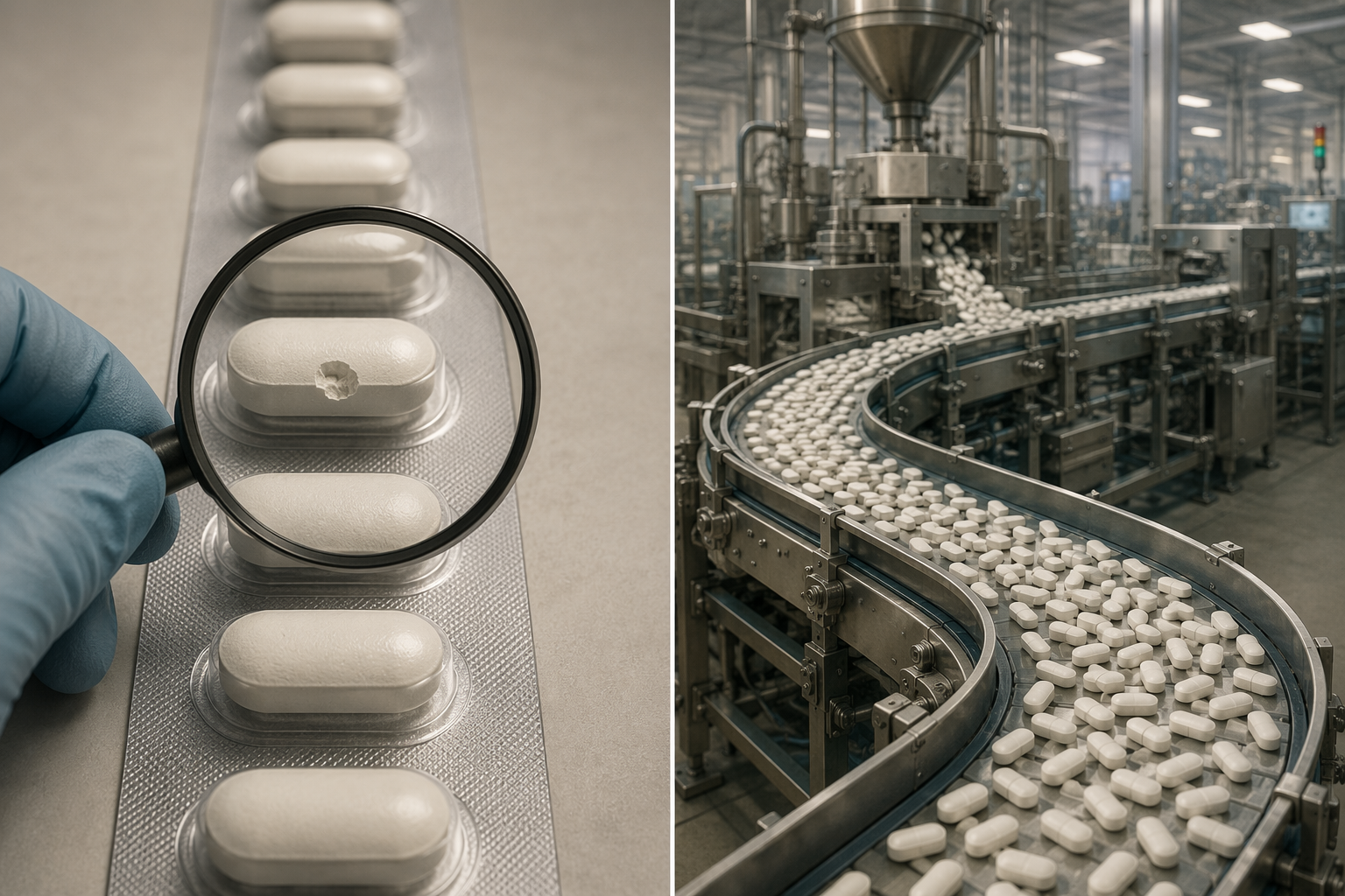Illustration comparing batch-specific pill inspection with a manufacturing-system defect theory