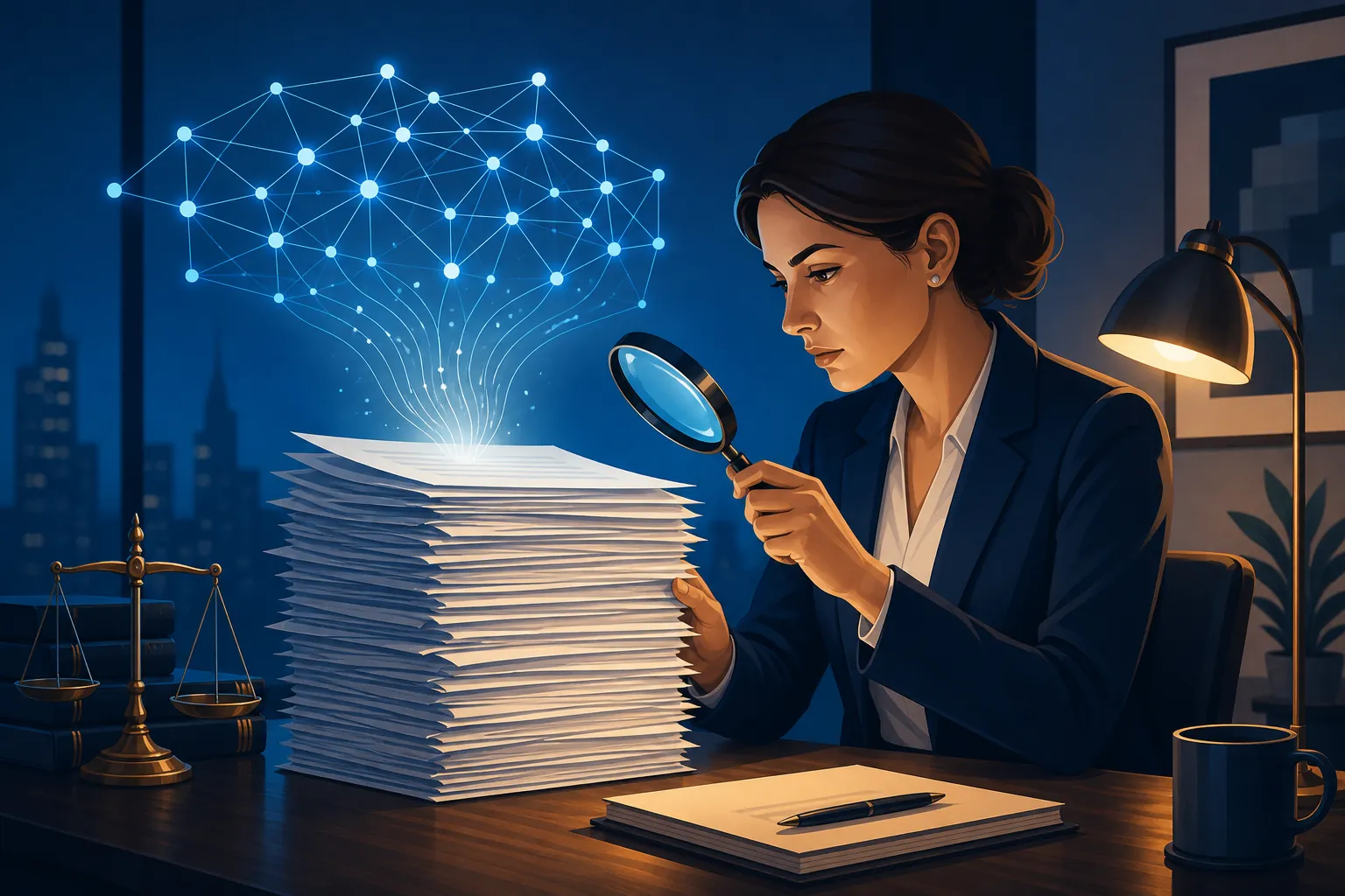 An attorney uses a magnifying glass to review a stack of AI-generated legal documents