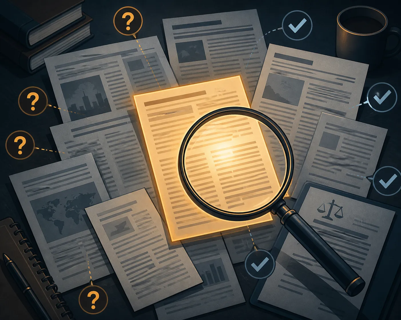 Overlapping newspaper and legal document sheets under a magnifying glass with checkmark and question mark icons