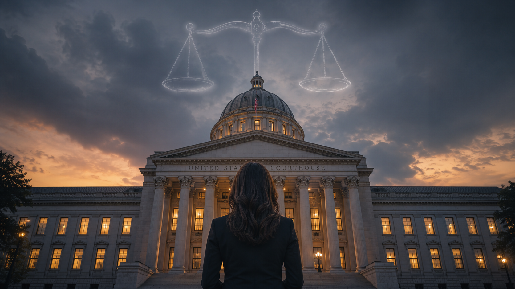 Federal courthouse at dusk with a figure in the foreground and a faint balance scale above the dome