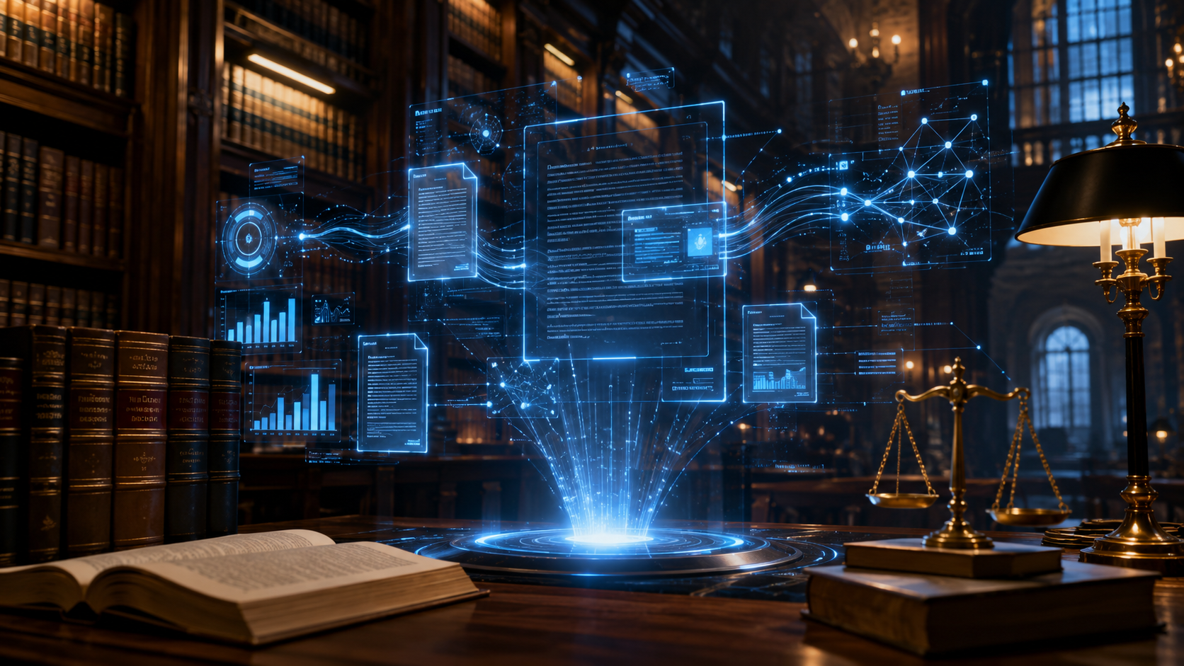 Modern law library with a holographic legal data display