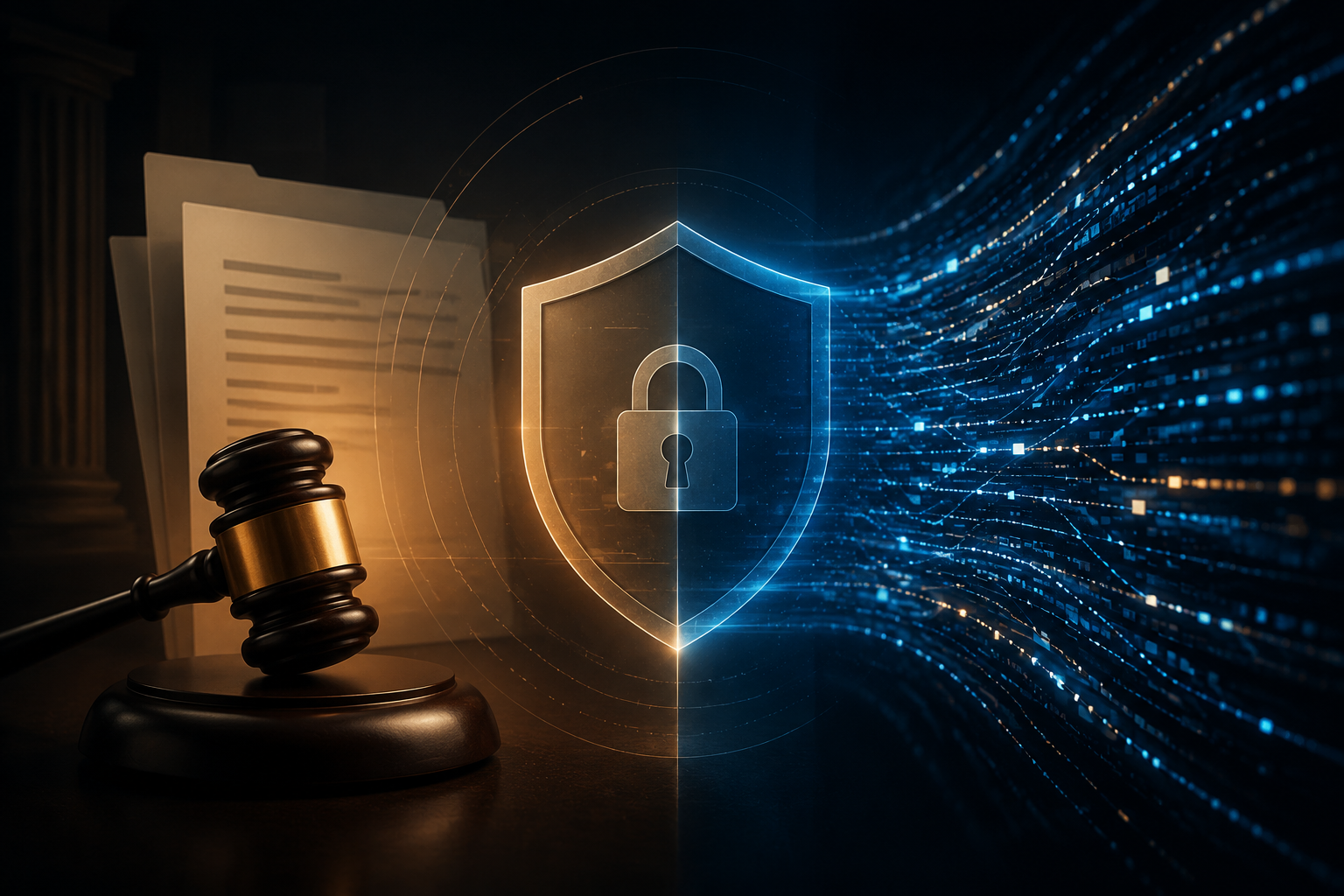 Abstract gavel, legal document, AI prompt logs, and privilege shield