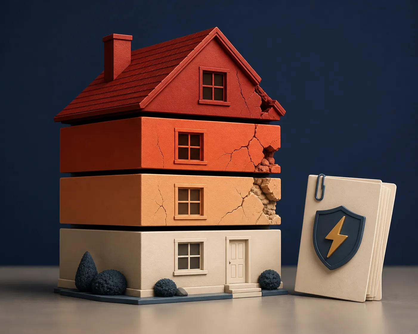 Segmented house beside a policy document illustrating earthquake insurance damage tiers