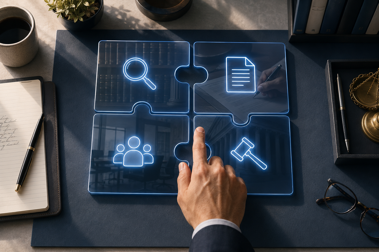Modular AI legal software interfaces arranged as legal research, contract review, practice management, and litigation support tools on a modern legal workspace