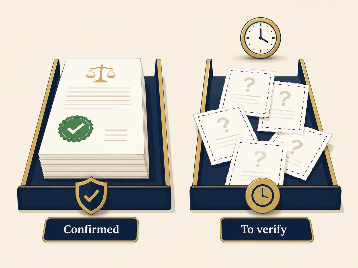 Two-lane illustration separating confirmed legal documents from documents still to be verified