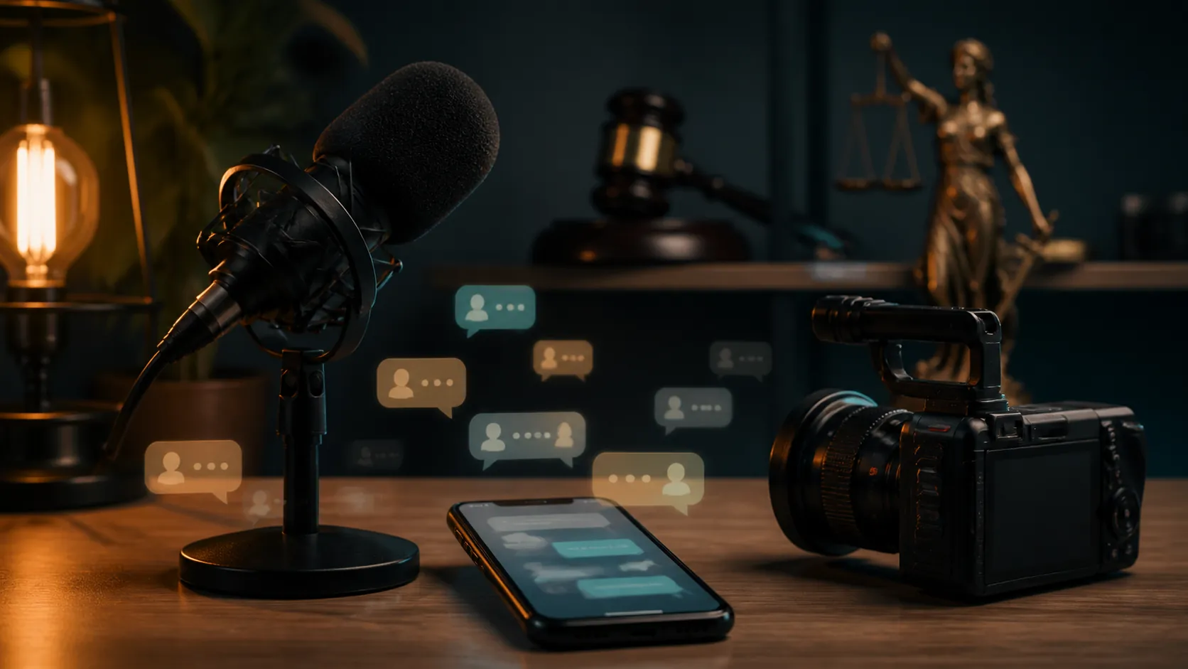 Creator studio desk with a microphone and camera separated from blurred legal symbols in the background