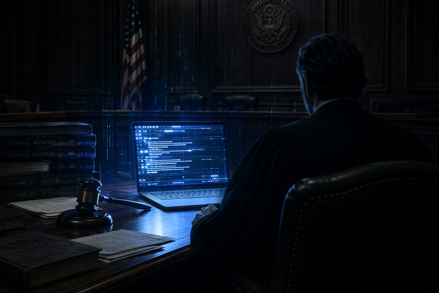 Dimly lit federal courtroom viewed from low angle showing a judge's bench with a laptop emitting blue-white screen glow across stacked law books and a gavel; a judge silhouette sits at the bench, with dark wood paneling and cool blue light creating tension between traditional legal authority and digital technology