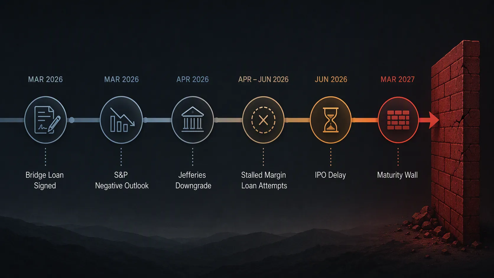 Timeline of SoftBank and OpenAI risk events from March 2026 bridge loan to March 2027 maturity wall