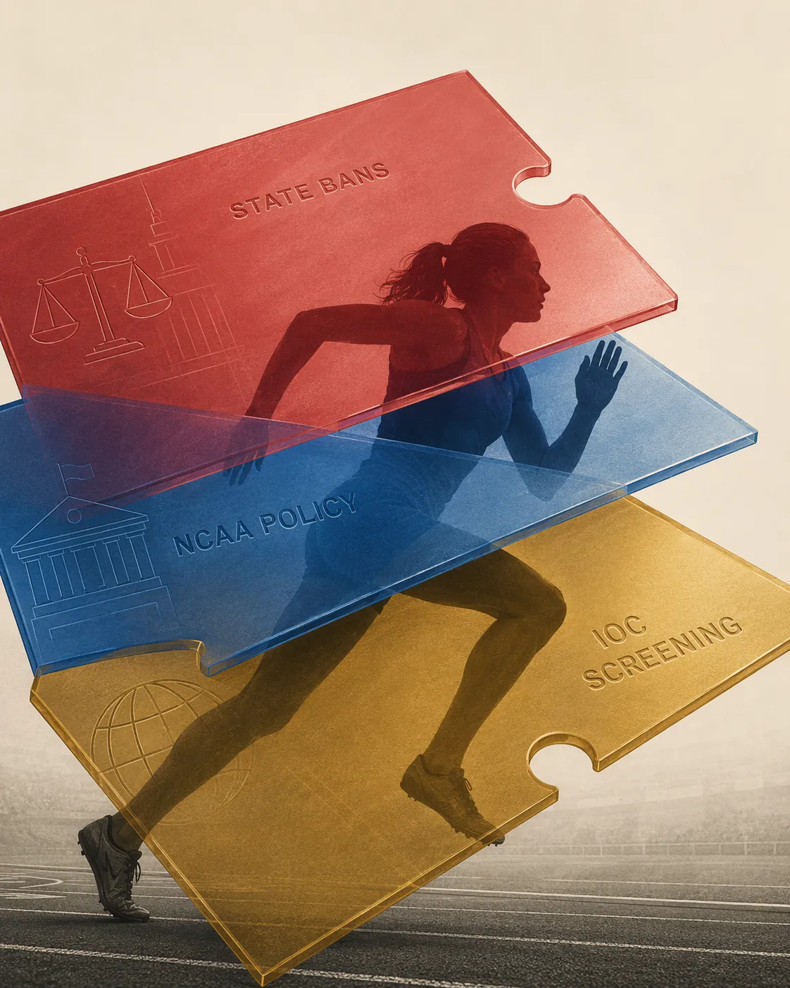 Overlapping layers labeled State Bans, NCAA Policy, and IOC Screening above a track athlete