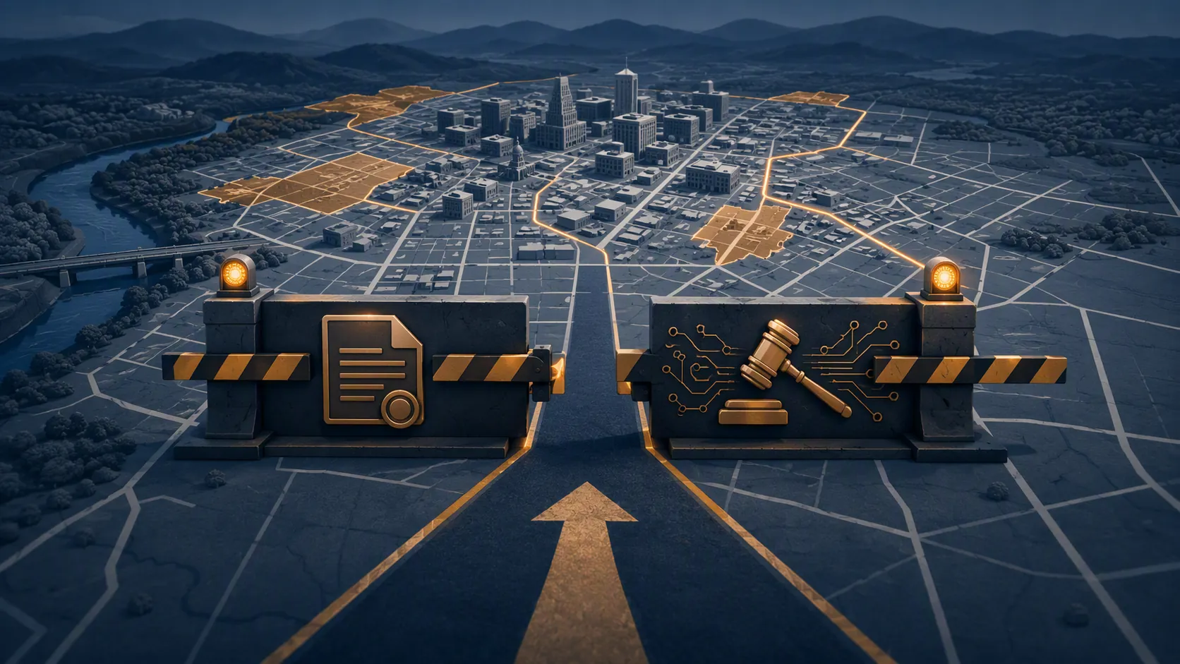 Stylized downtown Asheville risk map with legal document and gavel warning barriers