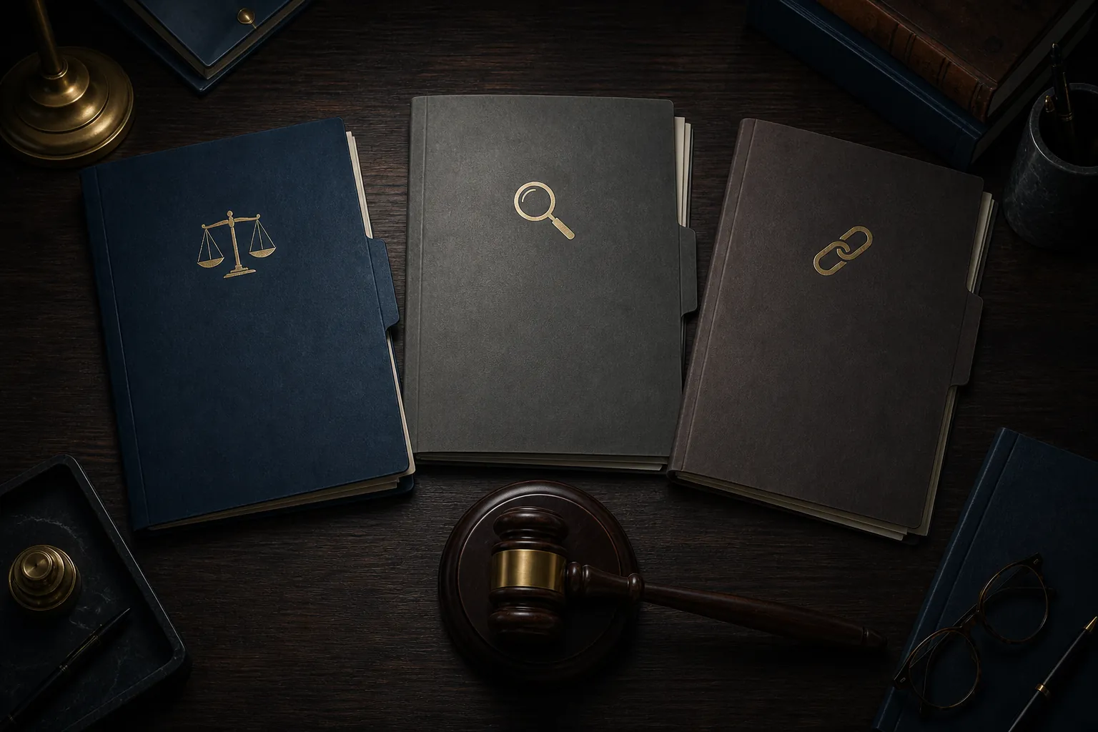 Three legal dossiers converging toward a gavel to represent separate ethics controversies
