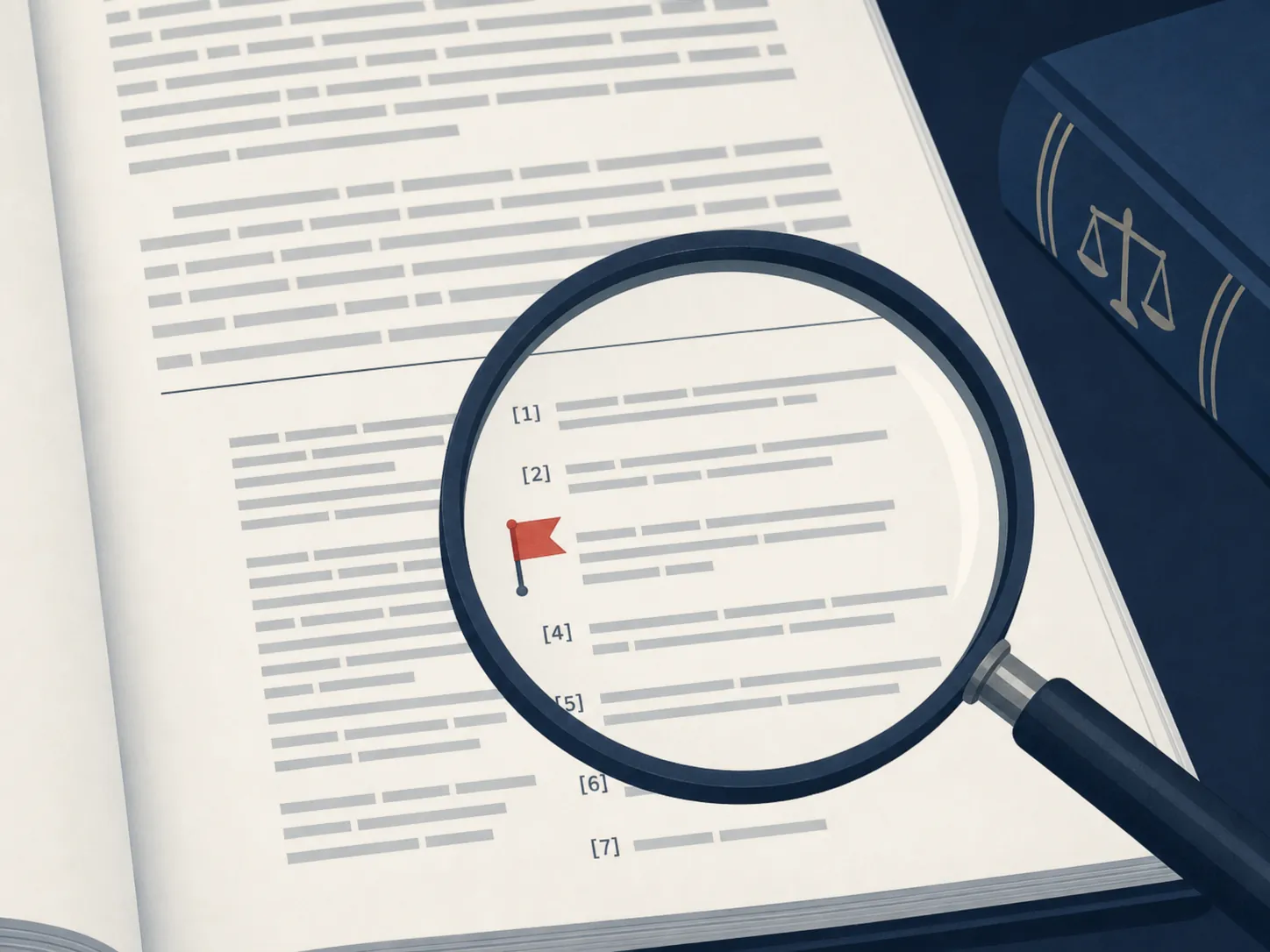 Magnifying glass over numbered legal footnote citations with one red warning flag