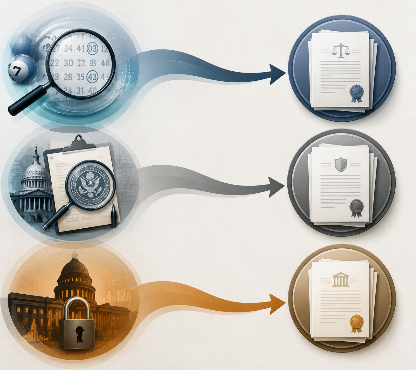 Three legal pathways showing lottery authority error, regulatory investigation, and budget impoundment