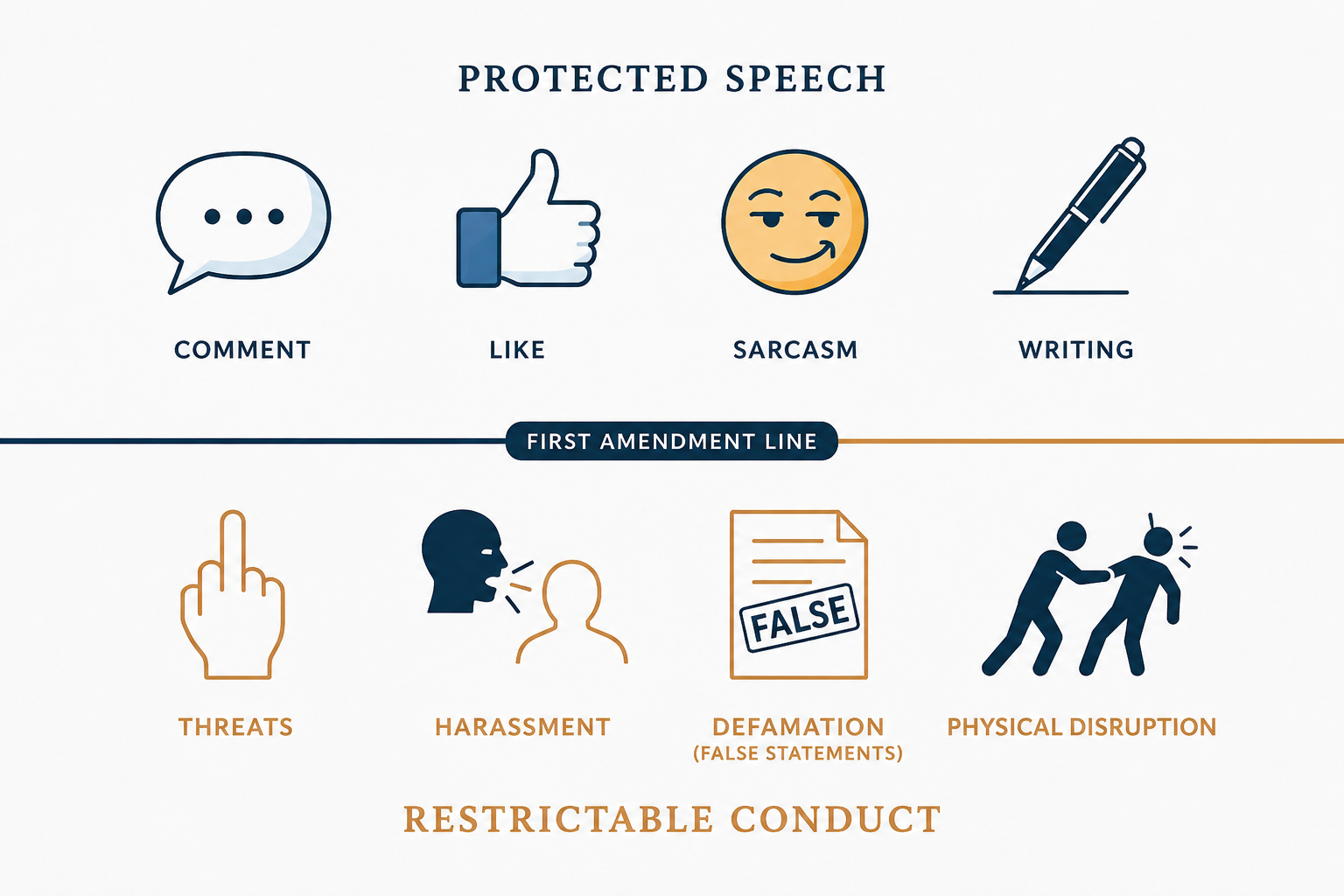 Infographic showing protected speech above a First Amendment line and restrictable conduct below it