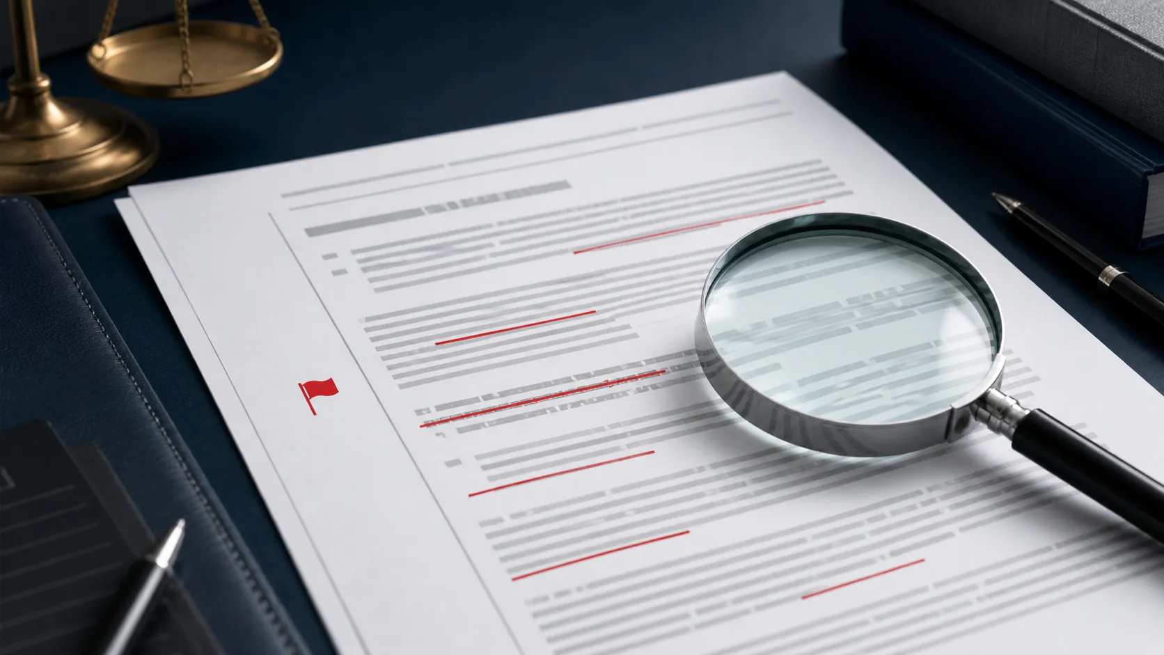Legal brief page with red citation markings and a magnifying glass