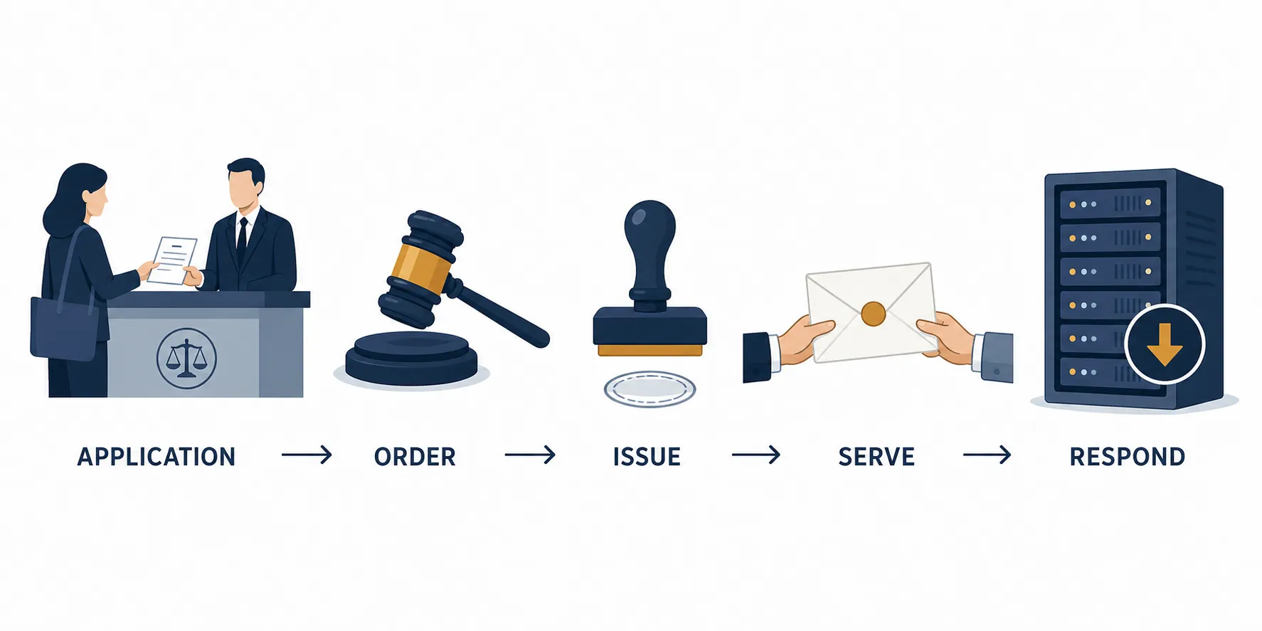 Legal process flowchart showing application, order, issue, serve, and respond steps