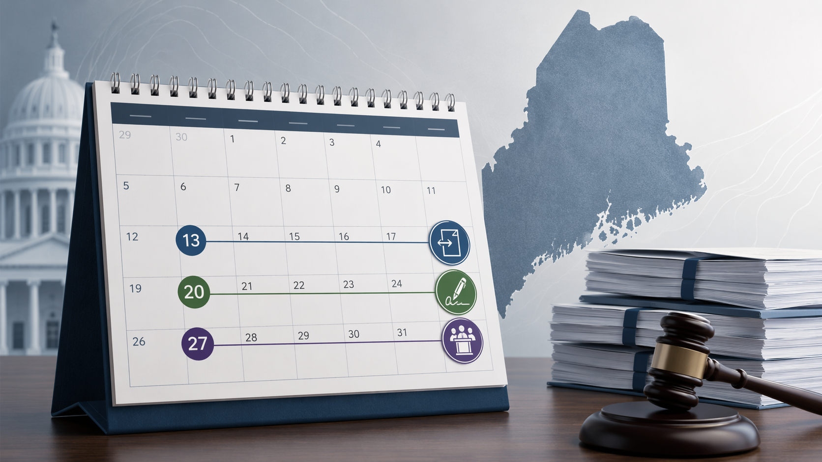 Calendar showing July 13, July 20, and July 27 deadlines in Maine election process