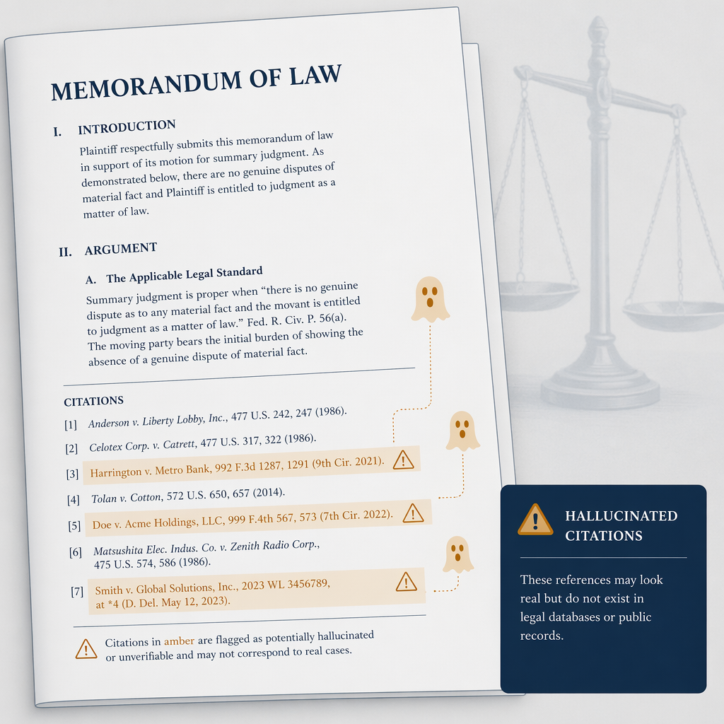A flat vector illustration of a legal document page with realistic-looking citation entries, several of which are highlighted in warm amber with small ghost-like warning indicators hovering above them to indicate fabricated or hallucinated citations. Faint scales of justice in the background. Deep navy, slate blue, and amber color palette on light gray background.