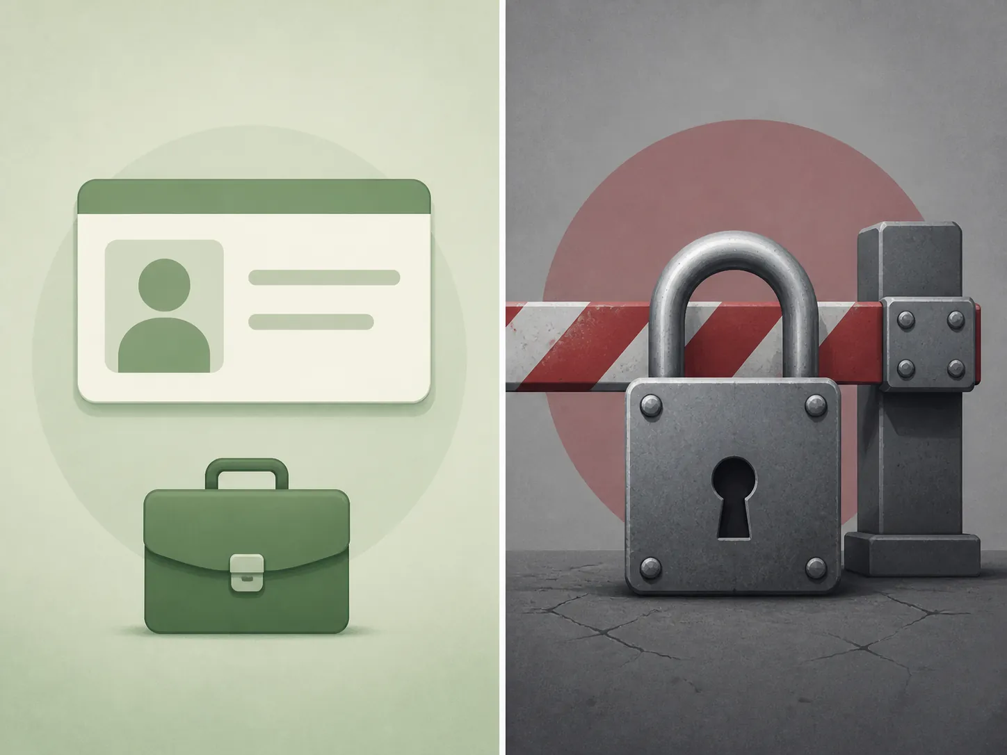 A split illustration showing an ID card and briefcase on one side and a lock and barrier on the other