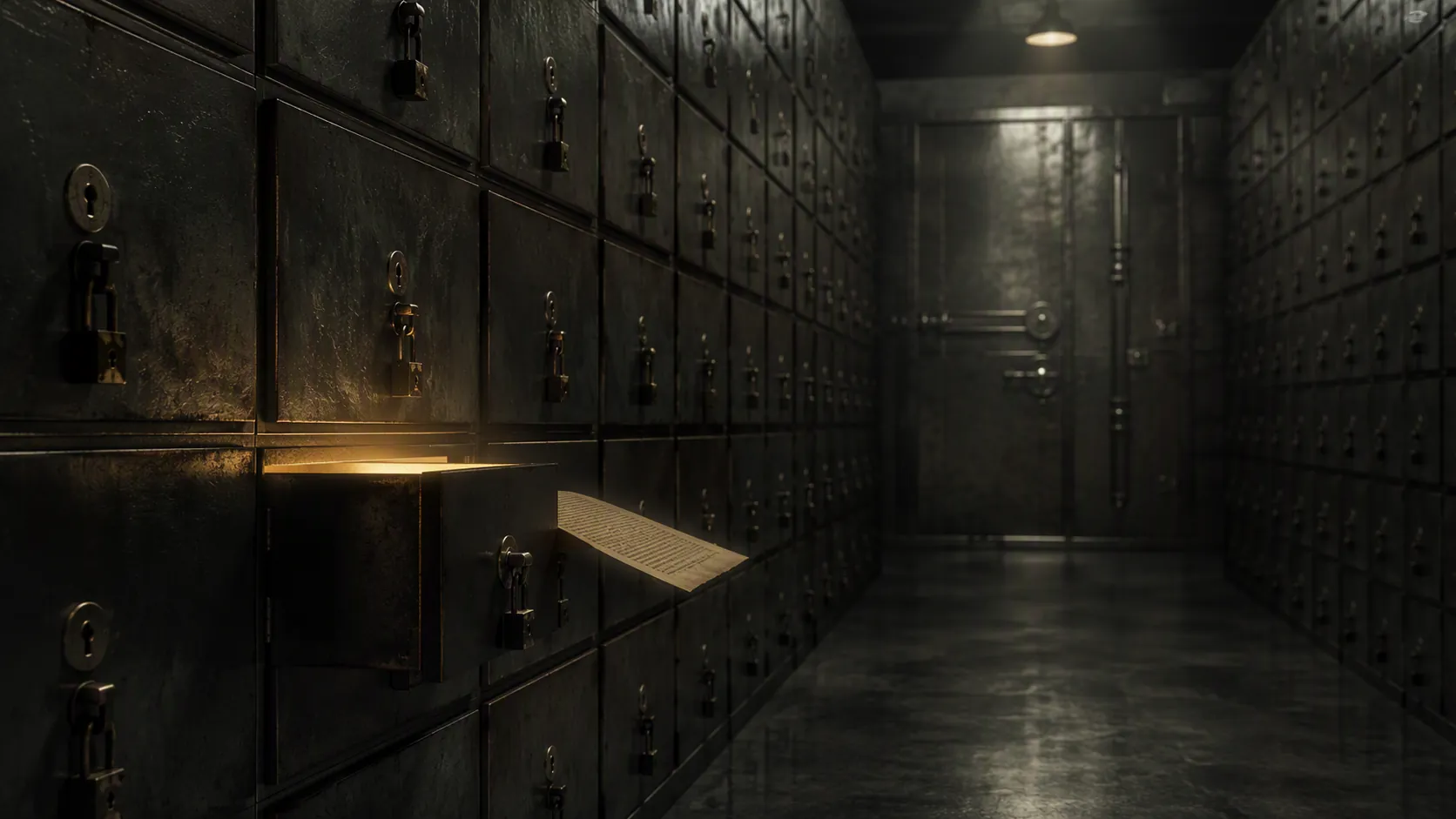 A dark archival vault with one sealed drawer opened and a legal document emerging into warm light