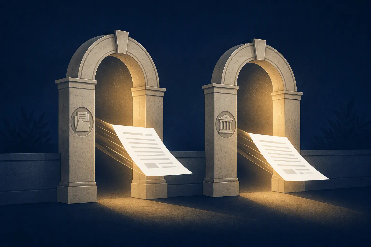 Legal document passing through two gate arches to represent the two stages of 501(c)(3) recognition