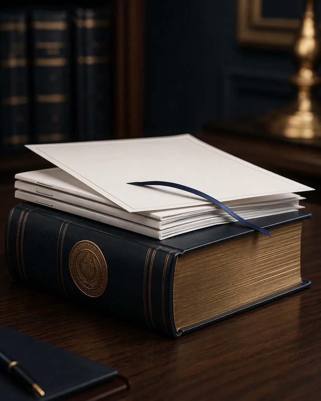 Stack of treaty volumes, stapled documents, and a lightweight declaration sheet on a dark desk
