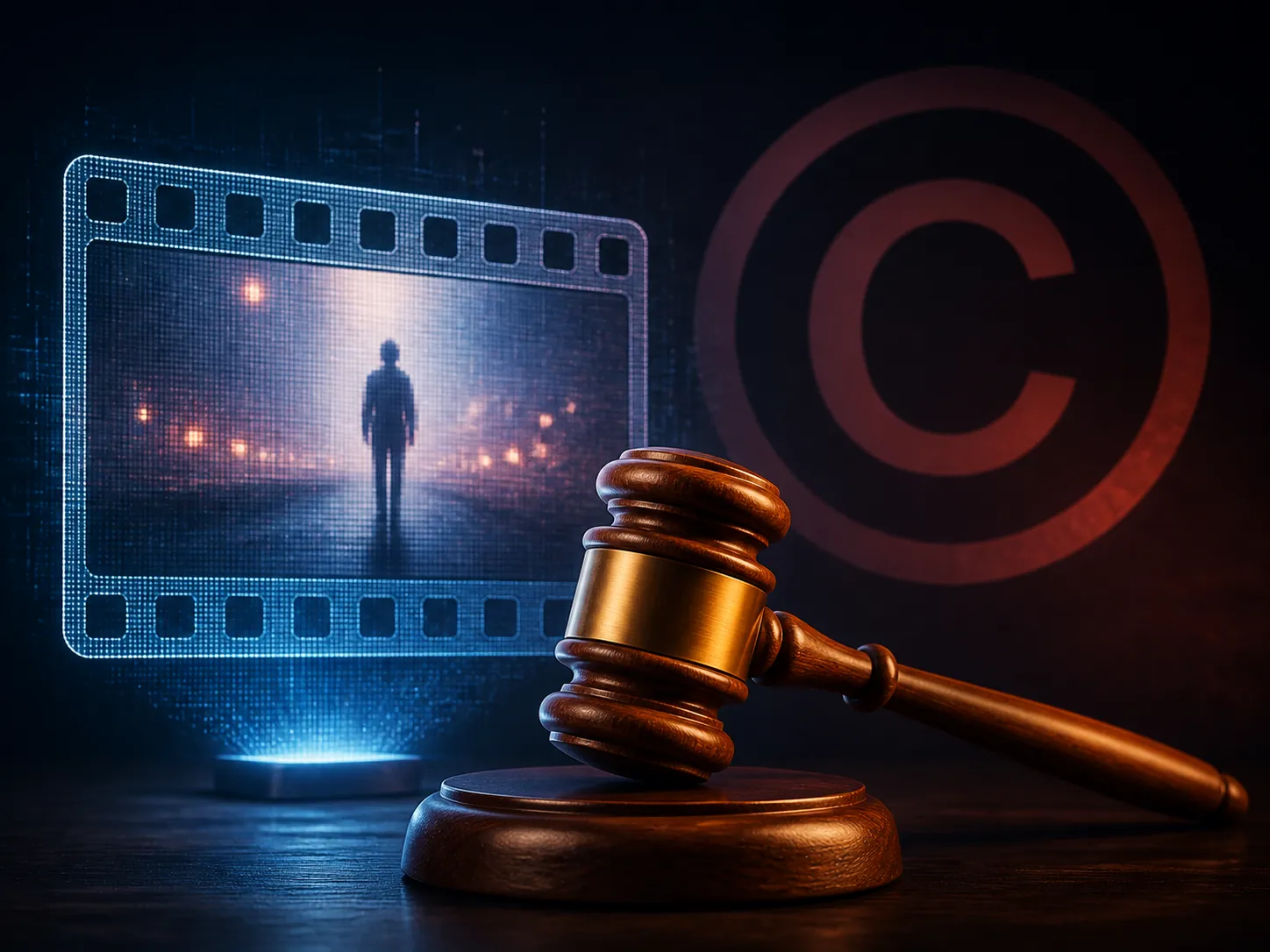 Judge’s gavel with a holographic film frame, blurred silhouette, and copyright symbol
