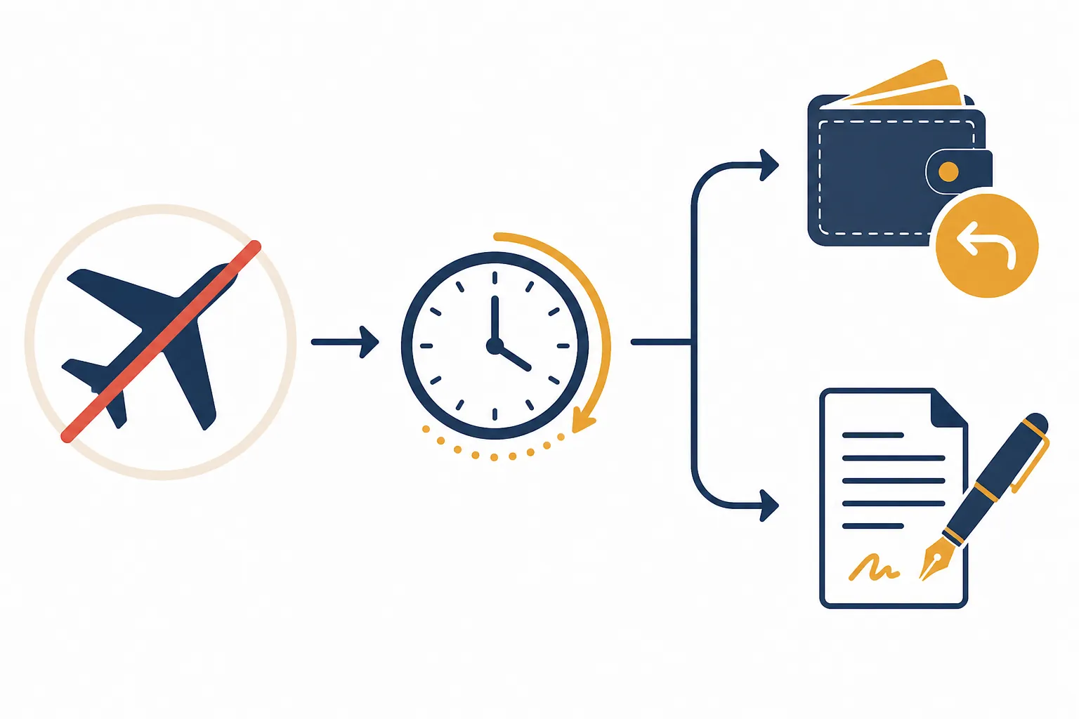 Passenger-rights flow showing cancellation, 48-hour rebooking, refund, and document-signing branches