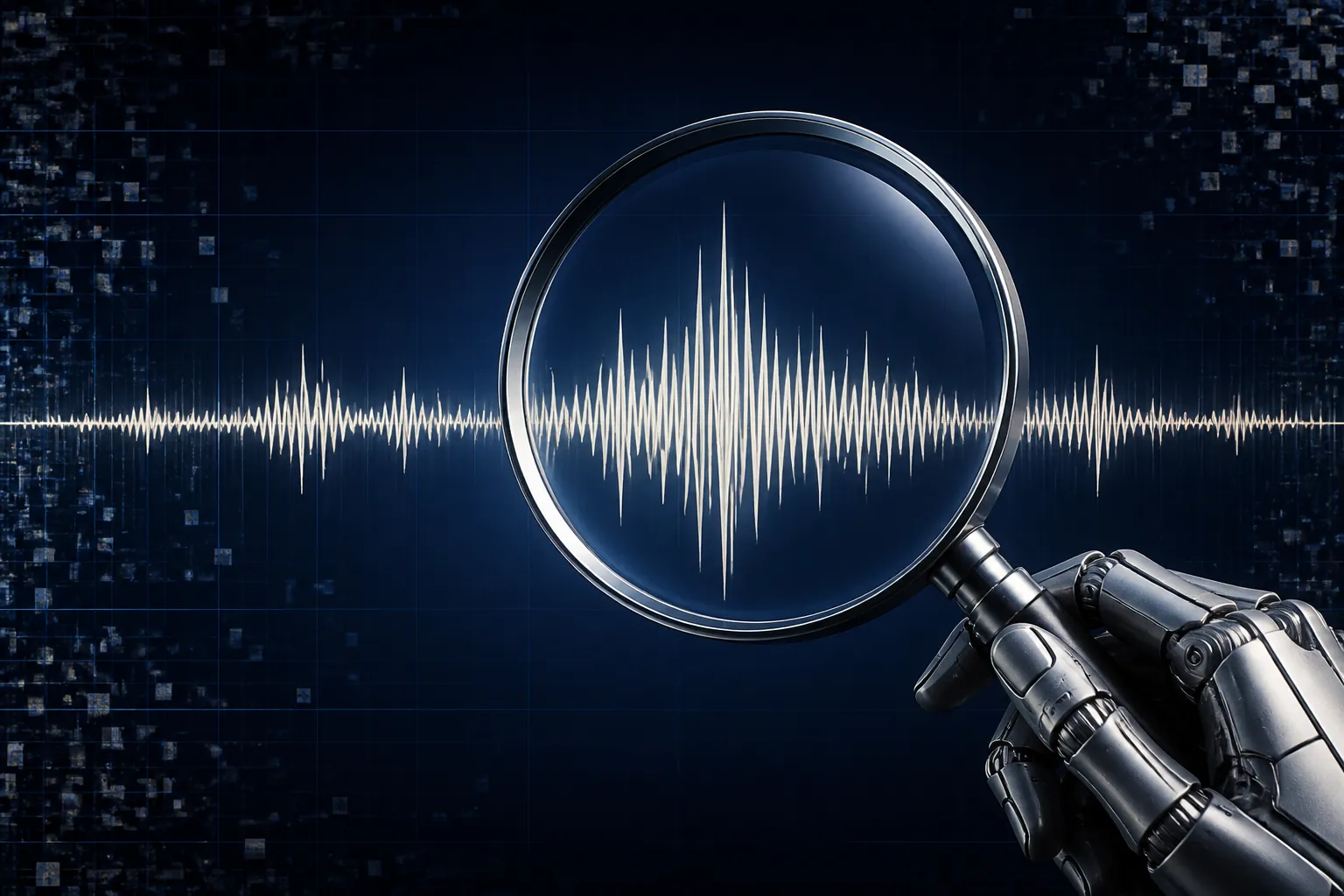 Forensic audio waveform examined under a magnifying lens with subtle AI noise at the edges