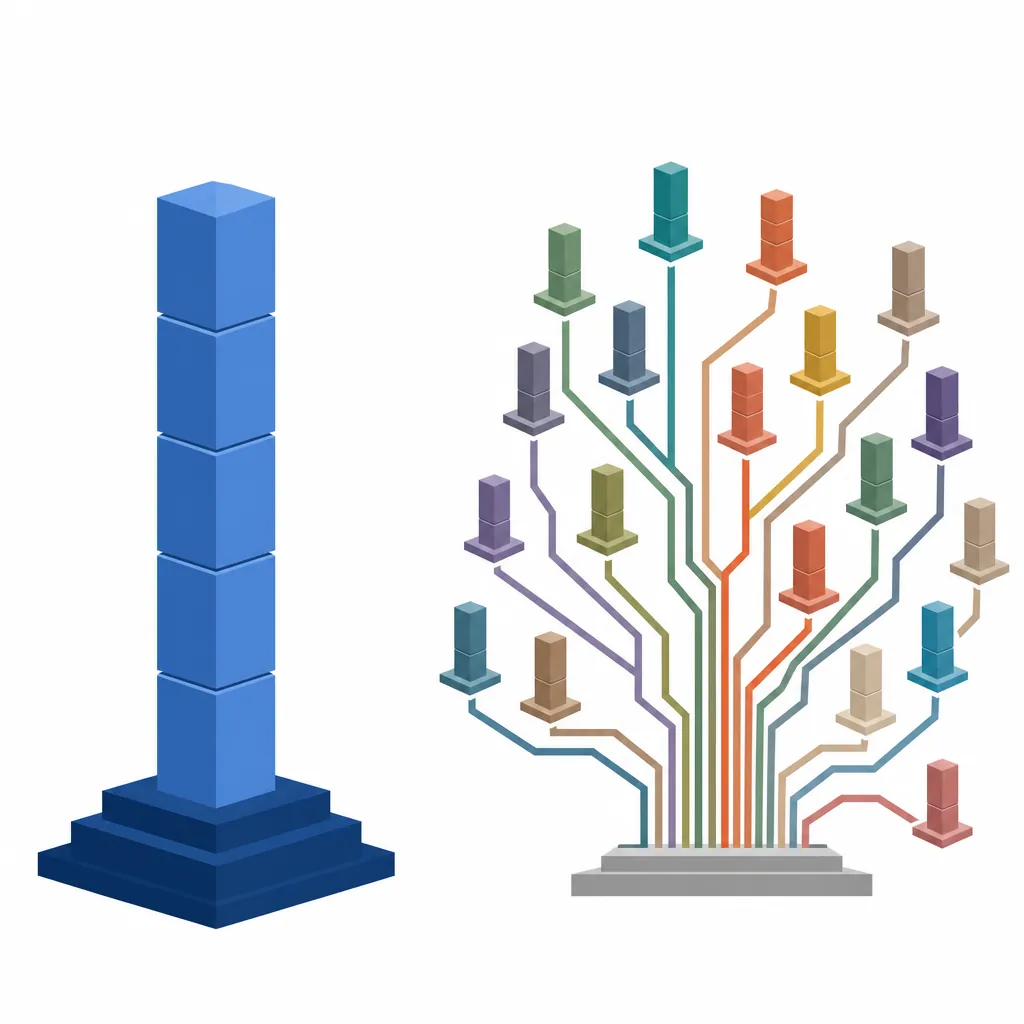 One straight column compared with many branching pillars to show a national baseline beside state-law patchwork programs