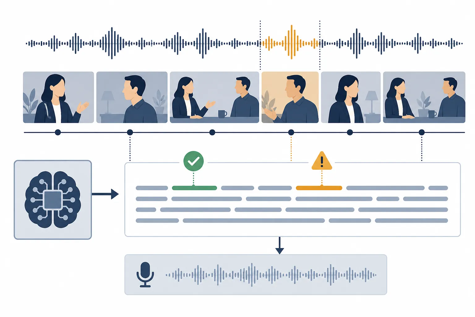 Audio waveform and video frames aligned with transcript verification warnings
