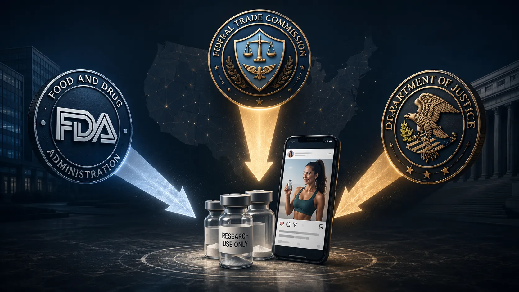 FDA, FTC, and DOJ regulatory seals converging on peptide vials marked research use only and a wellness influencer post