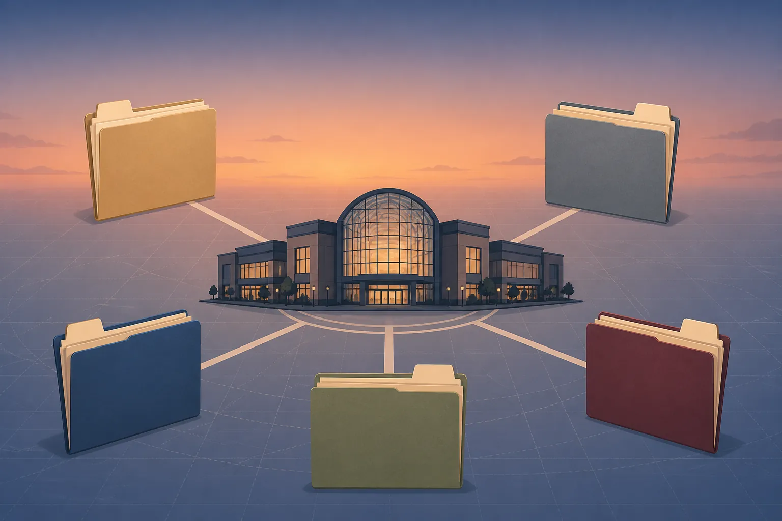 Single mall building with five differently colored legal case-file folders fanning outward