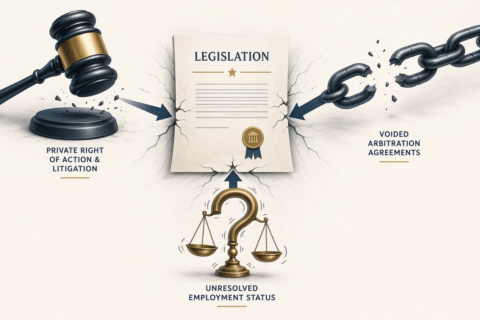 Gavel, broken chain, and uncertain legal scale converging on a central legal document