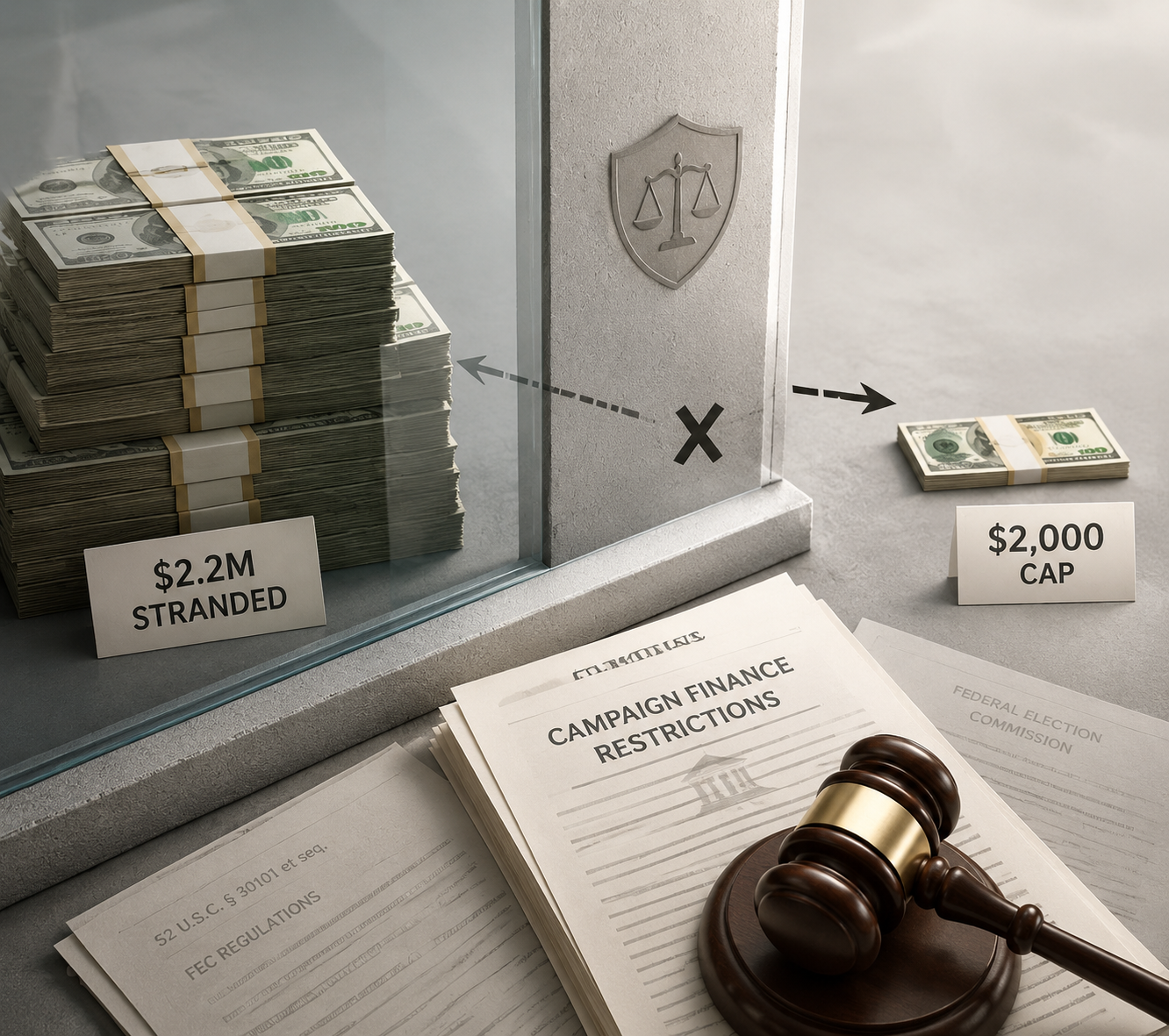 Conceptual illustration of a 2.2 million dollar campaign account separated from a 2,000 dollar transfer cap by legal barriers