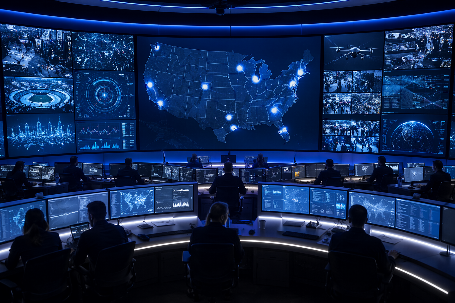 FBI intelligence fusion command center with host-city, drone-tracking, and threat-monitoring displays