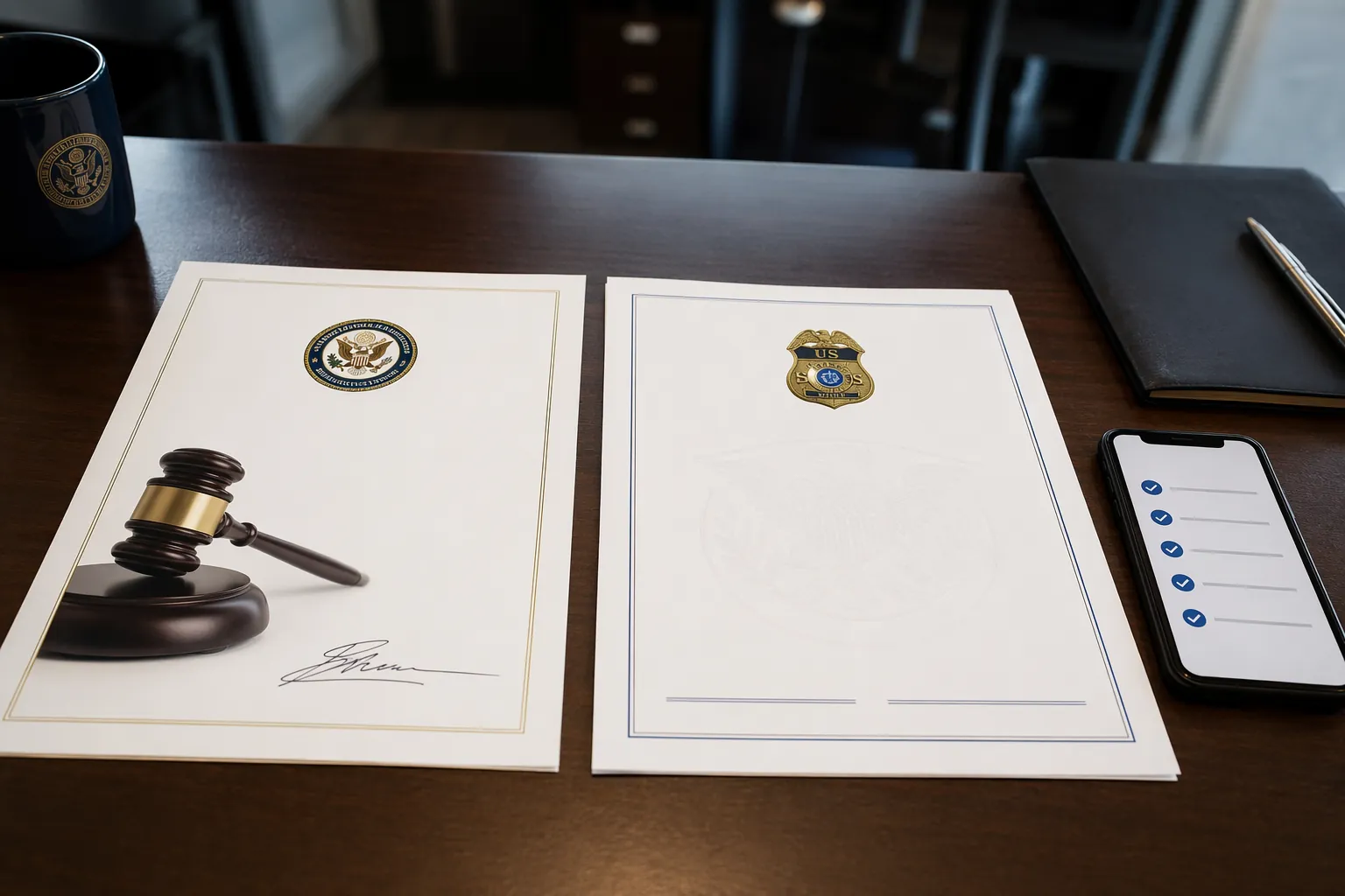 Documents representing a judicial warrant and an ICE administrative warrant beside a compliance checklist
