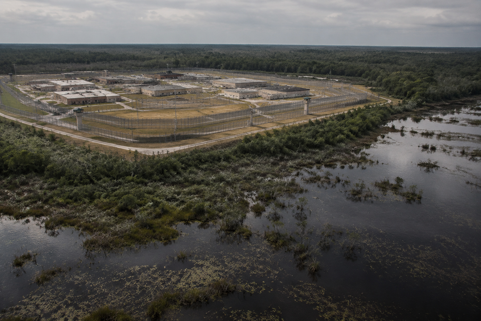 Remote detention facility surrounded by wetland water and chain-link fencing under an overcast sky
