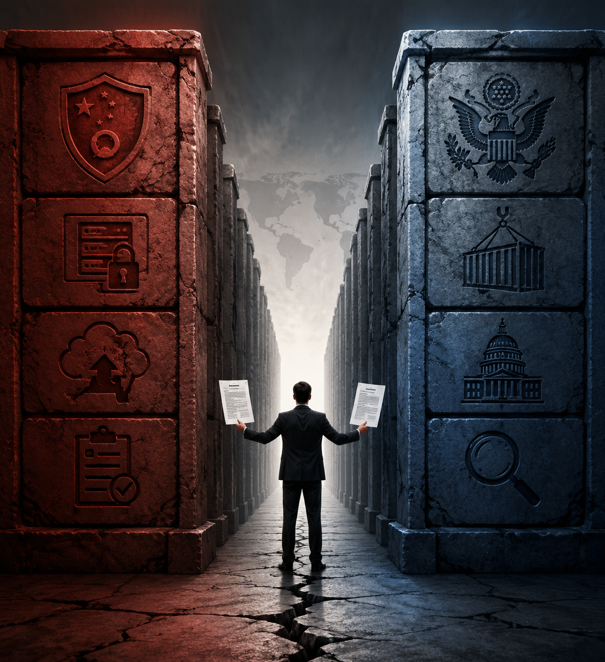 A corporate figure holding documents between Chinese CAC and US national security pillars