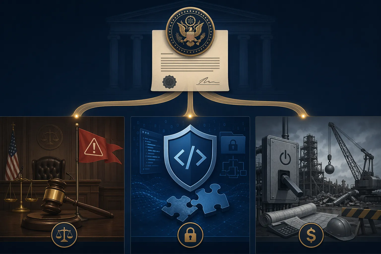 Editorial illustration showing government contract language branching into courtroom, digital shield, and infrastructure shutdown risks